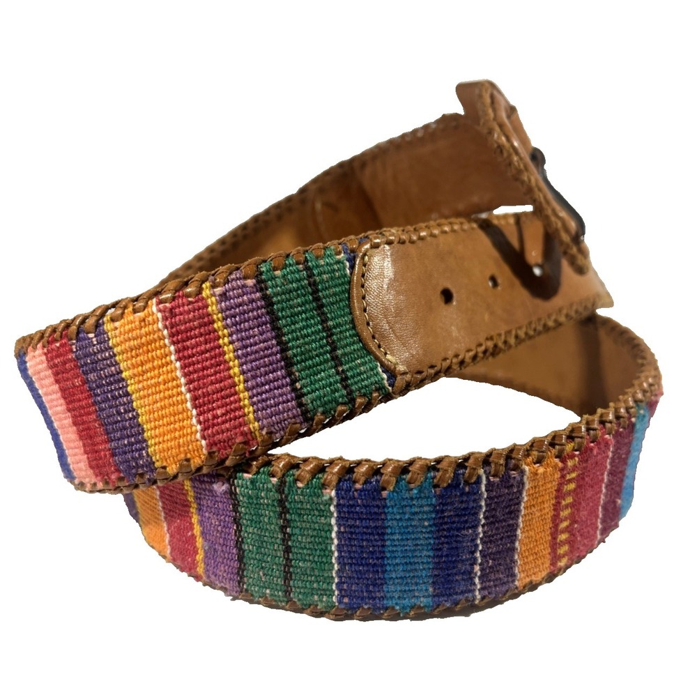 Leather Belt Vintage Artesian Guatemalan Serape Handwoven Textile Inlay